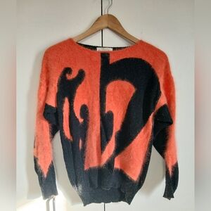Vintage Franco Valeri Angora Blend Knit Sweater Lg Black Orange Artsy Abstract